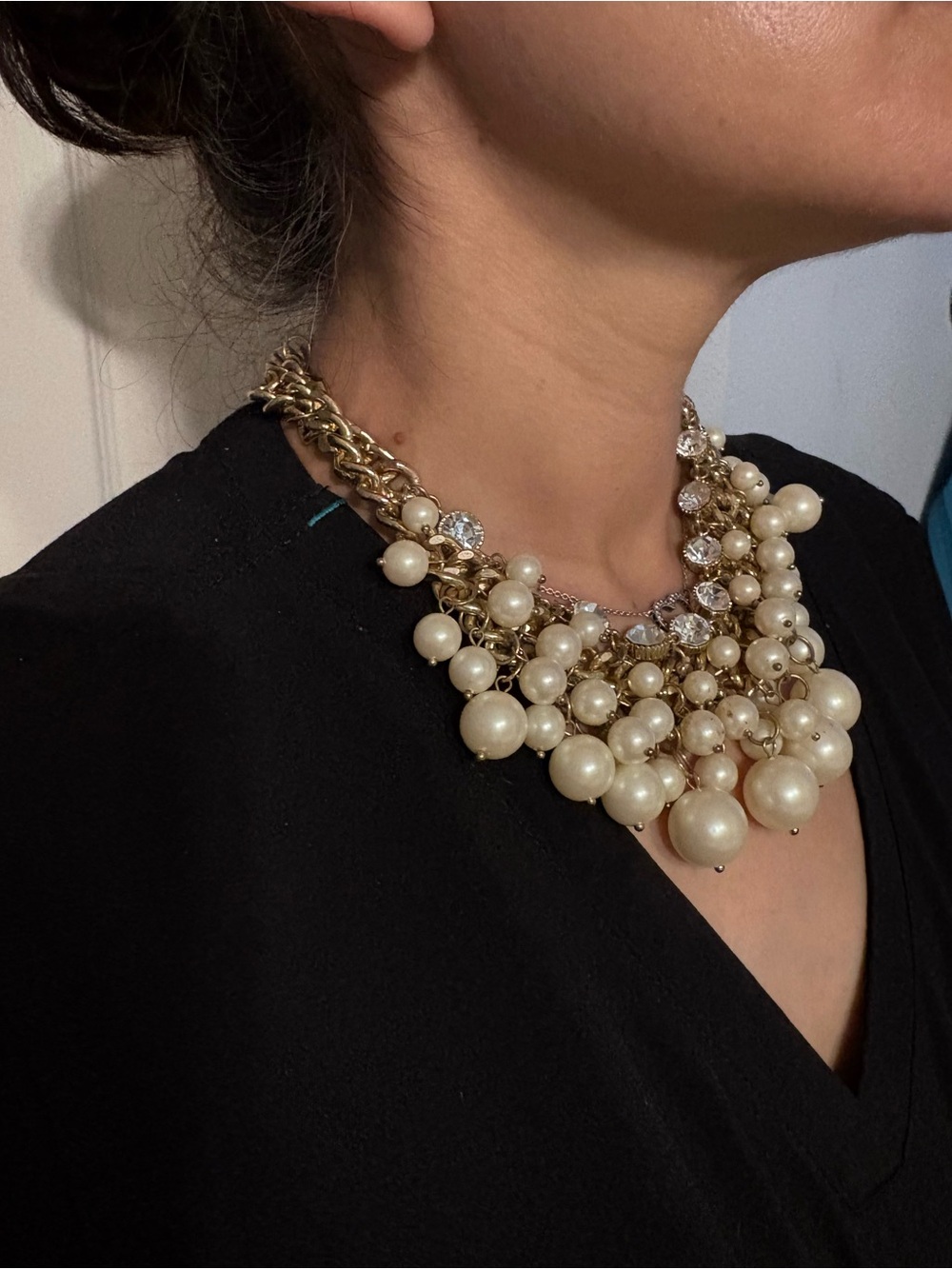 Elegant Gold Color and faux Pearl Cluster Statement Necklace